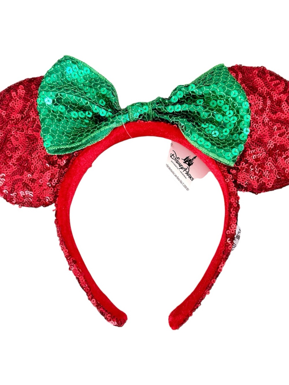 Disney Parks Minnie Mouse Ears Red Green Sequin Headband Bow Christmas